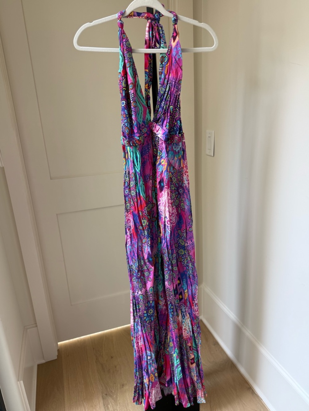 NEW Luli Fama Deep Plunge Halter Neck Long Dress - Pink Lagoon - Picture 3 of 5